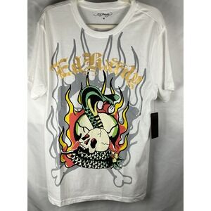 Ed Hardy  Mens Size M  Graphic Flame Serpent Skull White Shirt New With Tags